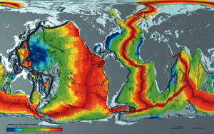 Earth's crust types. Gray is continental crust, colored is oceanic crust. Note that the map has interpretations written on it. The colors show the radioactive isotope ratios, which are interpreted as age.